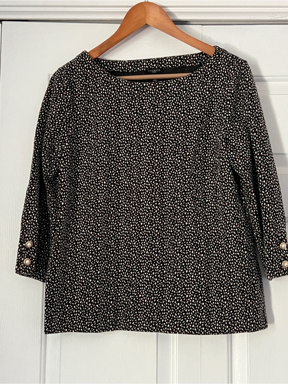 Talbots Black and White Pebble Print Boatneck Top with Pearl Cuffs